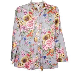 Floral Print Long Sleeve Button Up Shirt Grey Bright Women's Size Medium Elfin